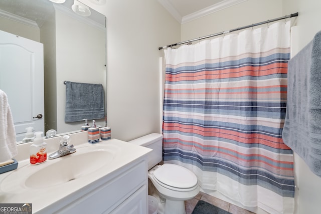 bathroom featuring crown molding, vanity, toilet, and a shower with curtain