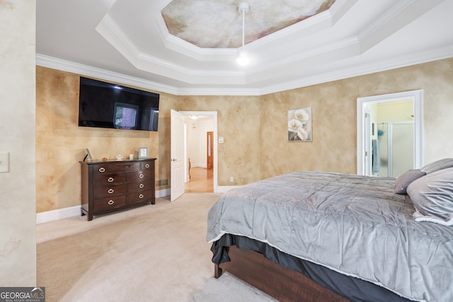 bedroom featuring a raised ceiling, ornamental molding, and light colored carpet