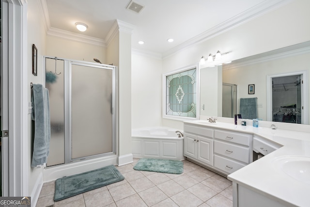 bathroom featuring ornamental molding, separate shower and tub, and vanity