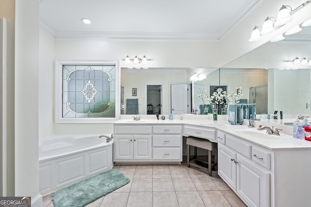 bathroom featuring tile patterned flooring, crown molding, shower with separate bathtub, and vanity