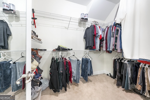 walk in closet with light carpet