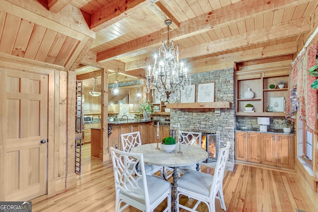 dining room featuring light hardwood / wood-style floors, a notable chandelier, wood ceiling, and beam ceiling