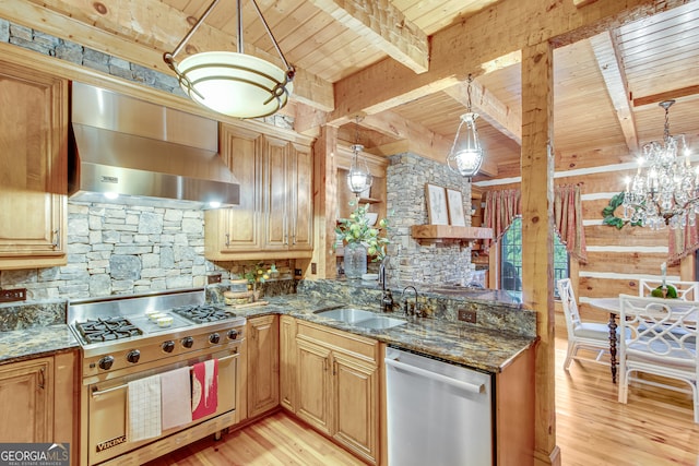 kitchen with beamed ceiling, wood ceiling, hanging light fixtures, wall chimney range hood, and stainless steel appliances