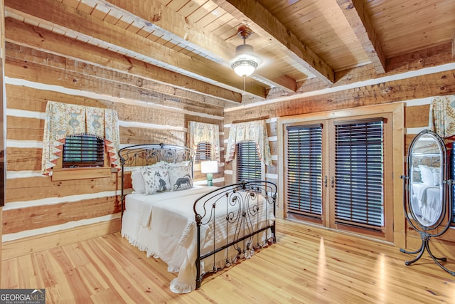 bedroom featuring wood walls, beamed ceiling, ceiling fan, wooden ceiling, and hardwood / wood-style floors