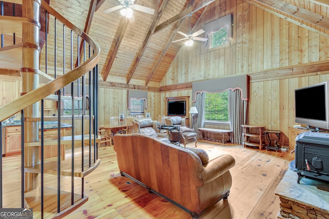 living room featuring beamed ceiling, a healthy amount of sunlight, light hardwood / wood-style flooring, a wood stove, and high vaulted ceiling