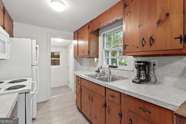 kitchen featuring tasteful backsplash, white appliances, sink, and light wood-type flooring