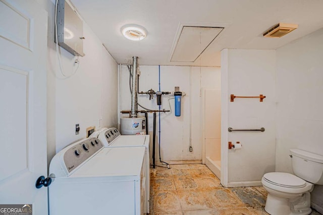 laundry area featuring water heater and separate washer and dryer