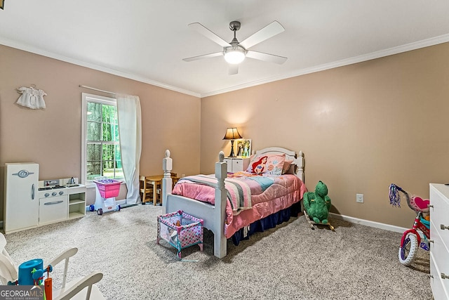 carpeted bedroom with crown molding and ceiling fan