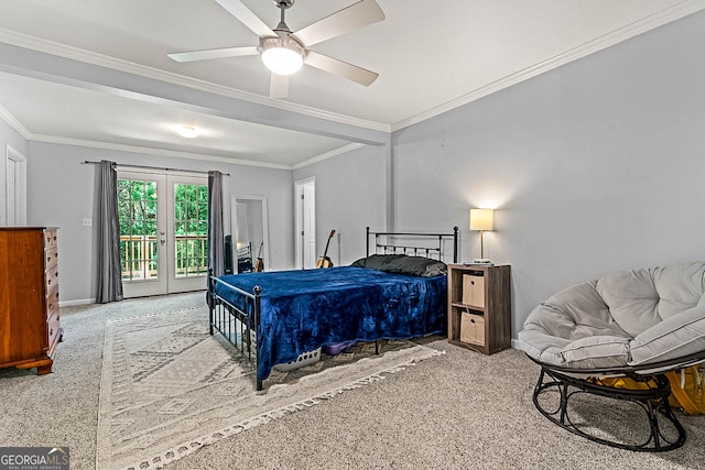 carpeted bedroom with ornamental molding, access to exterior, ceiling fan, and french doors