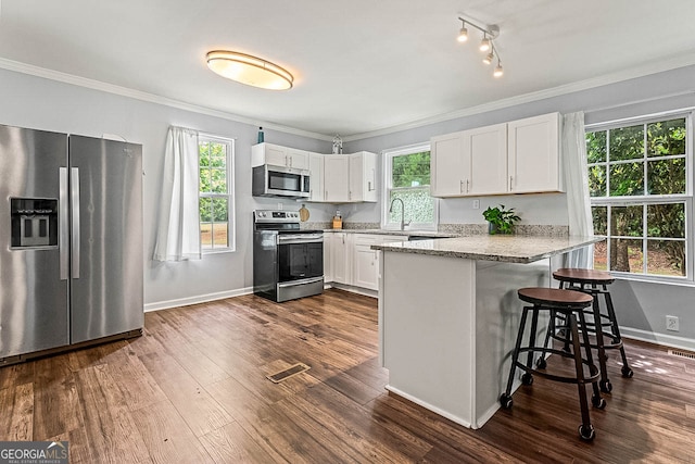 kitchen featuring dark hardwood / wood-style floors, a healthy amount of sunlight, white cabinetry, and stainless steel appliances