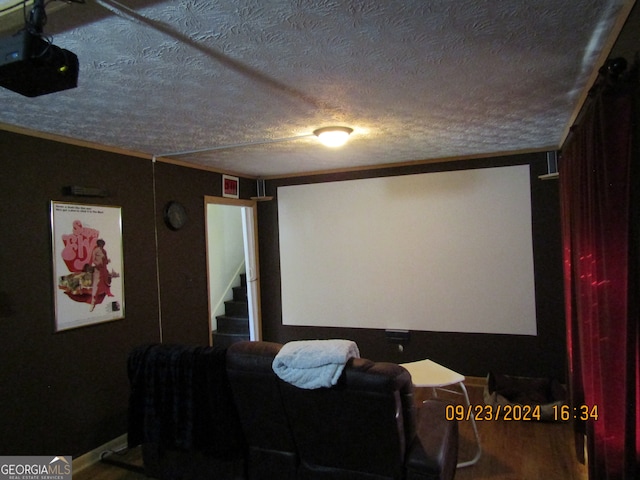 cinema with a textured ceiling and crown molding