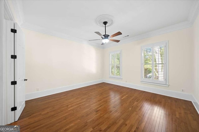 unfurnished room featuring crown molding, ceiling fan, and dark hardwood / wood-style flooring