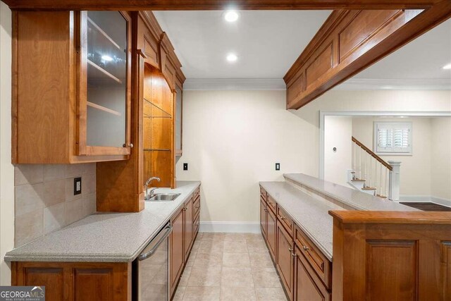 bar with crown molding, sink, stainless steel dishwasher, backsplash, and light tile patterned floors