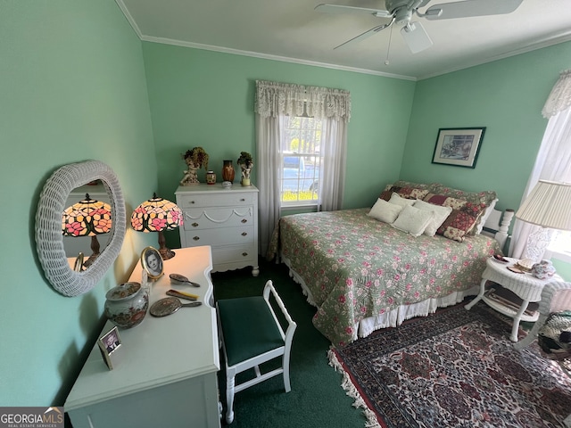 bedroom featuring ornamental molding, carpet, and ceiling fan