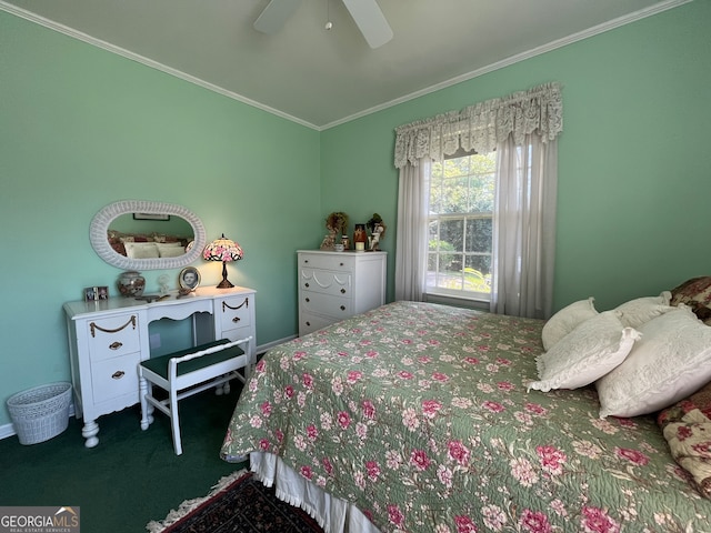 carpeted bedroom featuring ceiling fan and crown molding