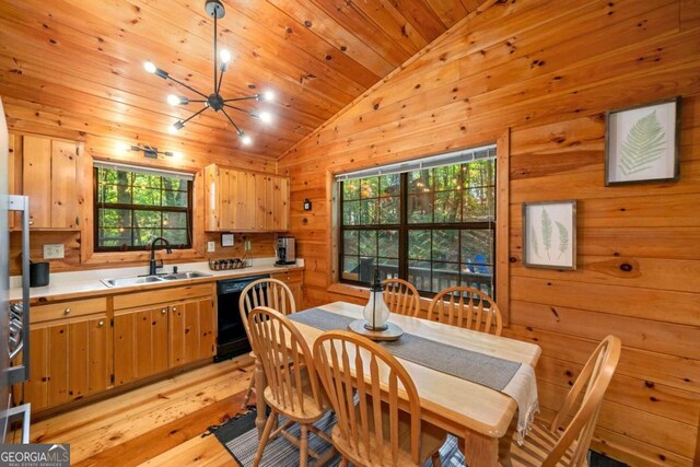 dining room featuring light hardwood / wood-style floors, wooden ceiling, sink, wooden walls, and lofted ceiling