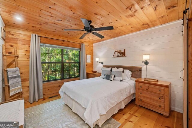 bedroom with wood walls, wooden ceiling, light hardwood / wood-style flooring, and ceiling fan