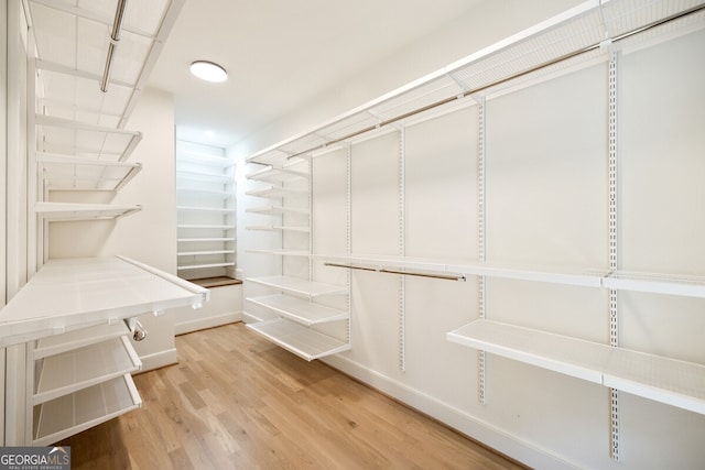 walk in closet with light hardwood / wood-style floors