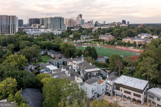 view of aerial view at dusk