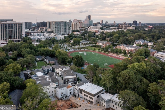 view of aerial view at dusk