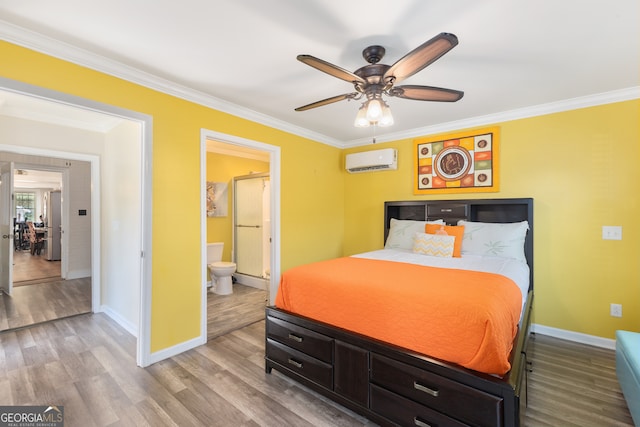 bedroom featuring ceiling fan, ensuite bathroom, light wood-type flooring, and ornamental molding