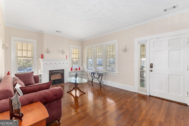 living room featuring a fireplace, crown molding, hardwood / wood-style flooring, and a textured ceiling