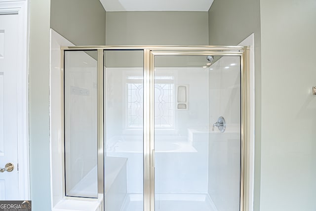 bathroom featuring a shower with door