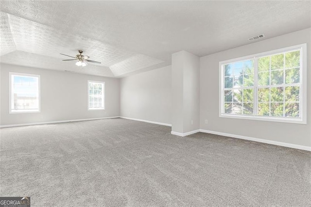 carpeted empty room featuring lofted ceiling, plenty of natural light, ceiling fan, and a textured ceiling