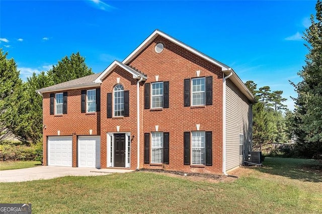 view of front facade featuring a front lawn, central AC unit, and a garage