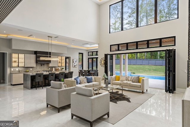 living room with a high ceiling