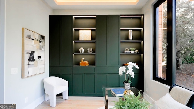 sitting room featuring a tray ceiling and light wood-type flooring