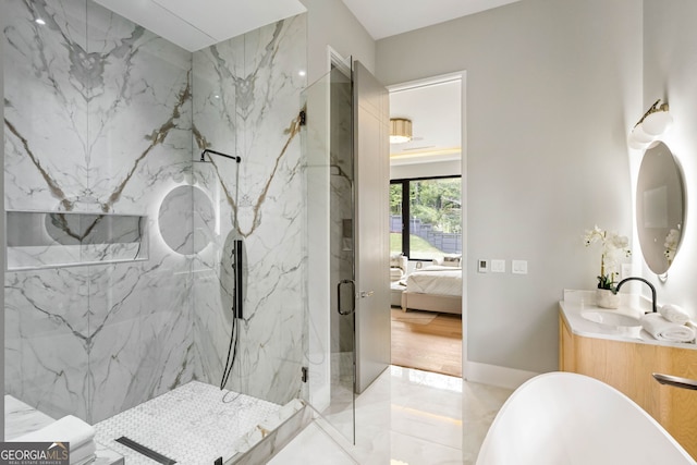 bathroom featuring vanity and plus walk in shower