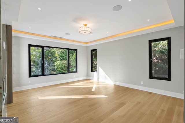 empty room with ornamental molding, light wood-type flooring, and plenty of natural light