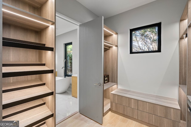 interior space featuring hardwood / wood-style floors and a bath