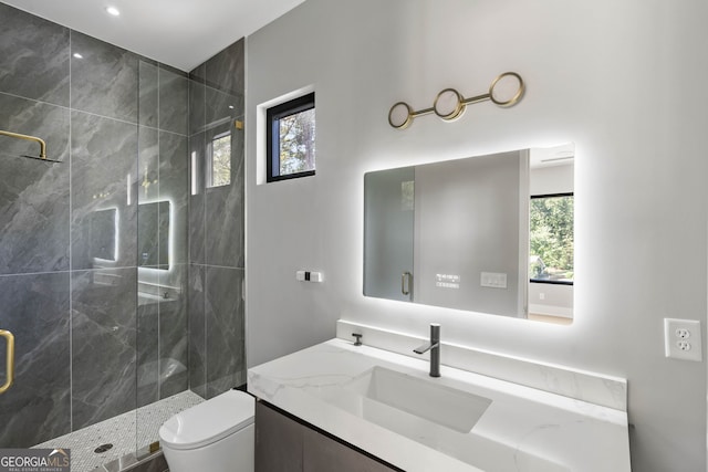 bathroom featuring toilet, a shower with door, vanity, and a wealth of natural light