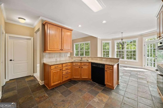 kitchen featuring a peninsula, a sink, stone tile floors, black dishwasher, and ornamental molding