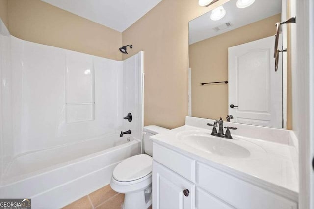 full bath with tile patterned flooring, visible vents, shower / bath combination, toilet, and vanity