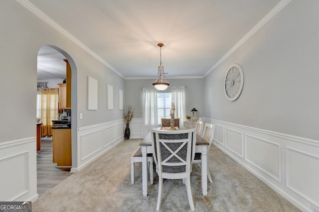 carpeted dining area with ornamental molding