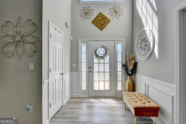 foyer with a towering ceiling and light wood-type flooring