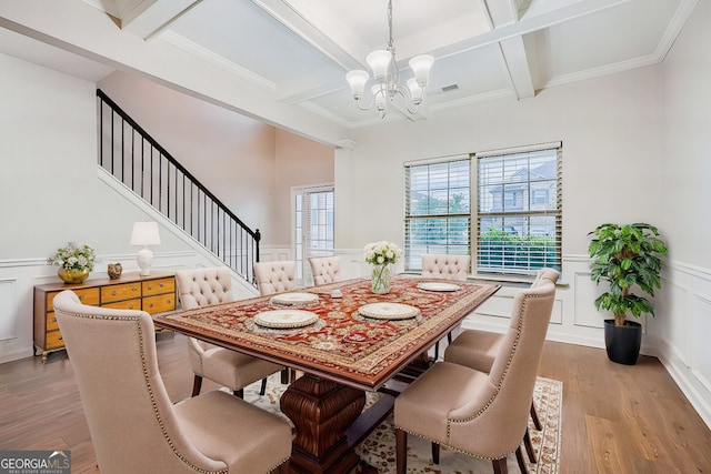 dining area featuring ornamental molding, coffered ceiling, wood-type flooring, beamed ceiling, and a chandelier