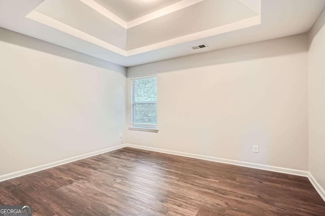 empty room featuring a raised ceiling and dark wood-type flooring