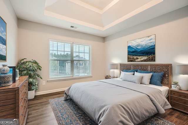 bedroom with a raised ceiling and dark hardwood / wood-style flooring