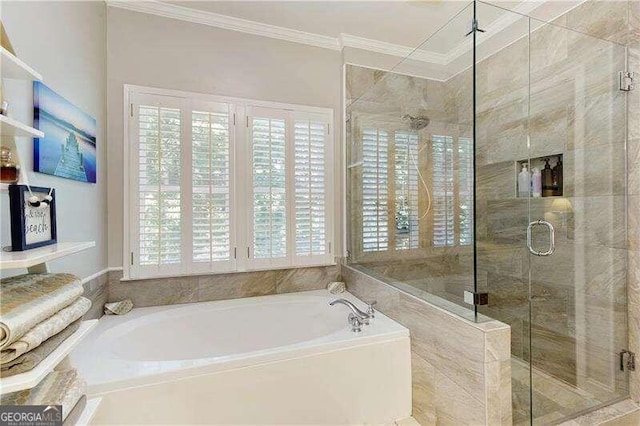 bathroom with separate shower and tub and crown molding