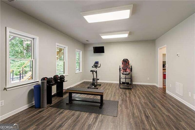 workout room with plenty of natural light and dark hardwood / wood-style flooring