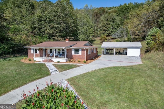 single story home with a porch, a front lawn, and a carport