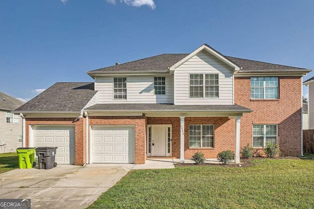 view of front property featuring covered porch, a garage, and a front lawn