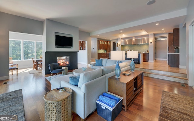 living room featuring a multi sided fireplace and light hardwood / wood-style flooring