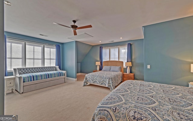 bedroom featuring multiple windows, carpet, and ceiling fan