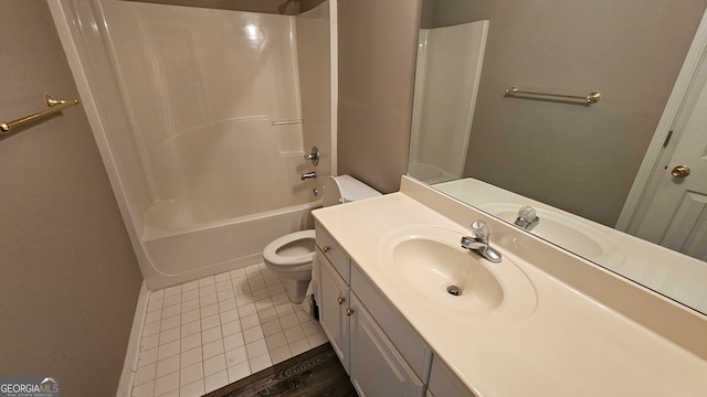 full bathroom featuring tile patterned flooring, shower / bath combination, vanity, and toilet