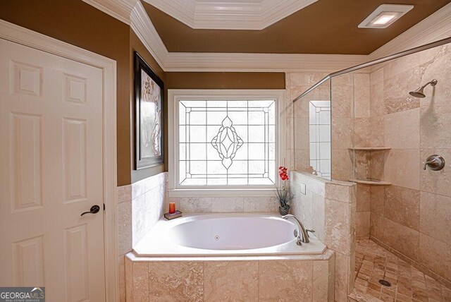 bathroom featuring crown molding and plus walk in shower